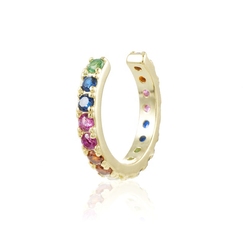 Gold ear cuff earring with rainbow color crystals